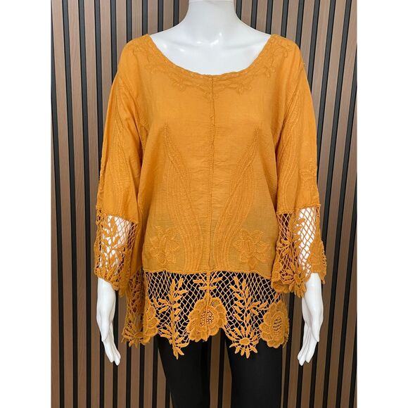 Cato Women's 22/24 Yellow Blouse Top Cotton Tunic Floral Crochet Lace Trim Boho - Picture 1 of 9